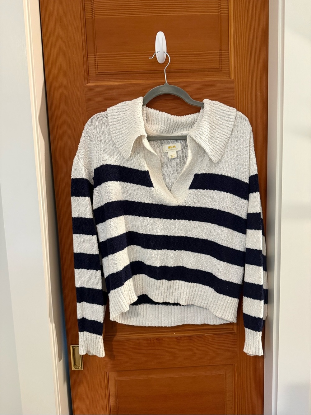 Maeve Beachy Striped Collared Sweater – White & Navy